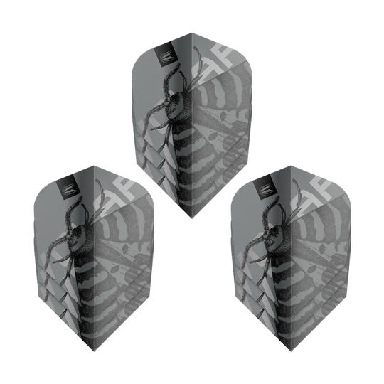 Target Pro Ultra Volar Ten-X Flights - 3 sets Das Bild zeigt drei Sets der Target Pro Ultra Volar Ten-X Flights. Die Flights haben ein auffälliges, schwarz-graues Design mit einem Insektenmotiv.