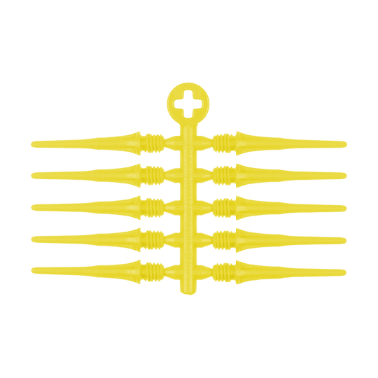 Das Bild zeigt gelbe Ersatzspitzen für Softdarts, angeordnet an einem Kunststoffträger. Es handelt sich um das Produkt "Cosmo Fit Point Plus 2BA Spitzen 25mm (50er Pack)".