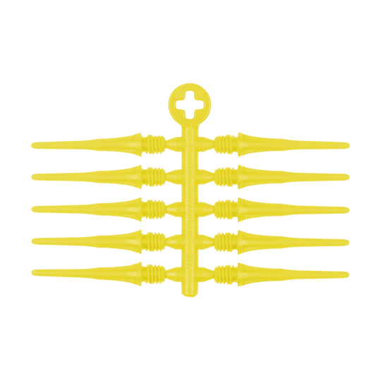 X9052_Cosmo_Fit_Point_Plus_2BA_Spitzen_Gelb_2rlx7PJ3fFREvm Das Bild zeigt gelbe Ersatzspitzen für Softdarts, angeordnet an einem Kunststoffträger. Es handelt sich um das Produkt "Cosmo Fit Point Plus 2BA Spitzen 25mm (50er Pack)".