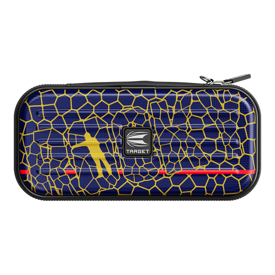 Target Takoma Josh Rock dart case Das Bild zeigt ein Dartcase namens "Target Takoma Josh Rock Dartcase". Das Etui hat ein blaues Muster mit gelben Linien und einem gelben Dartspieler sowie dem Target-Logo in der Mitte.
