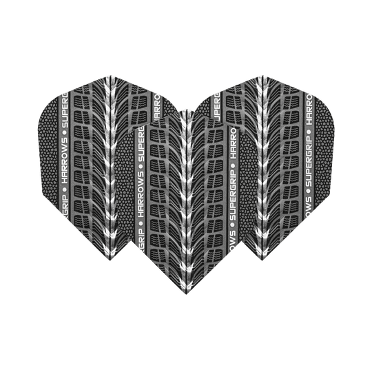 Harrows Supergrip Weiß No6 Flights sind abgebildet. Das Bild zeigt weiße Dart-Flights der Marke Harrows.