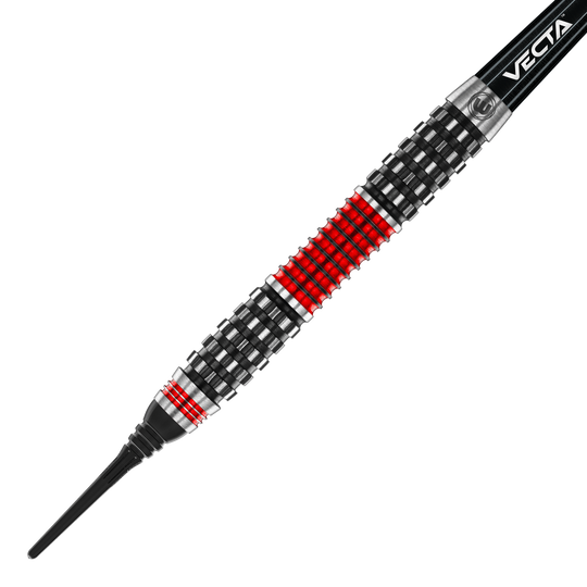 Winmau Joe Cullen Rockstar Series RS1 Soft Darts - 20g Dies ist ein Softdart aus der Winmau Joe Cullen Rockstar Series RS1 mit einem Gewicht von 20g. Der Dart hat ein auffälliges Design mit schwarzen, silbernen und roten Ringen am Barrel.