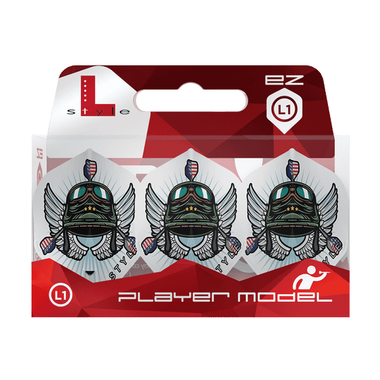 L-Style_Leonard_Gates_V3_White_L1EZ_Flights_3 Das Bild zeigt die L-Style Leonard Gates V3 White L1EZ Flights in einer Verpackung. Die Flights haben ein auffälliges Design mit einem geflügelten Helm und bunten Details.