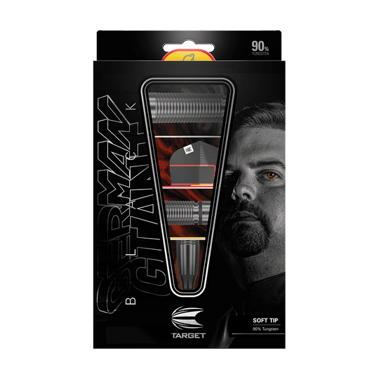 210322_Target_Gabriel_Clemens_Black_Edition_Softdarts_3 Die Verpackung zeigt die Target Gabriel Clemens Black Edition Softdarts mit einem Gewicht von 19g. Auf der Vorderseite ist neben den Darts ein Porträt von Gabriel Clemens zu sehen.