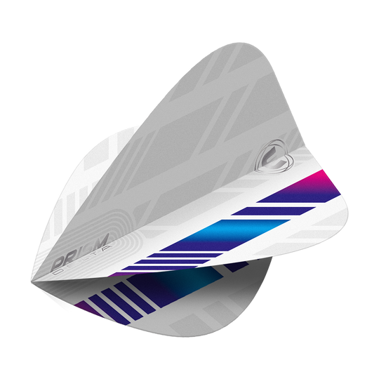 Das Bild zeigt die Winmau Delta White Blue Purple Kite Flights. Sie sind hauptsächlich weiß mit blauen und lila Akzenten sowie einem modernen, grafischen Muster.