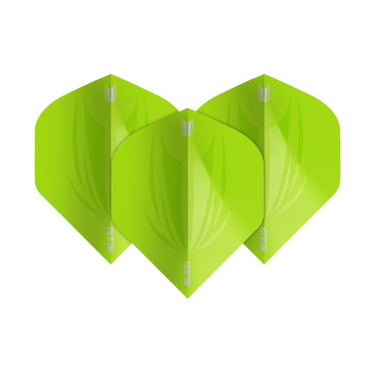 TG436_Target_ProUltra_ID_Lime_Green_No2_Standard_Flights_1 Das Bild zeigt drei limegrüne Standard-Flights für Dartpfeile. Die Flights tragen die Aufschrift "ProUltra ID" und haben ein modernes, glänzendes Design.