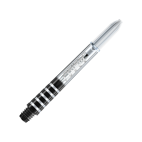 7020-406_Winmau_Prism_Force_Shafts_Clear_41mm_2 Das Bild zeigt einen klaren Winmau Prism Force Shaft für Darts. Der Schaft hat ein transparentes Design mit eingraviertem Schriftzug.