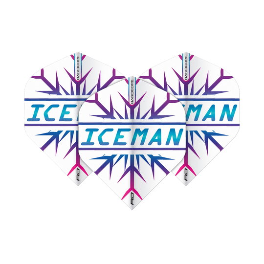 TF6827_Red_Dragon_Hardcore_Gerwyn_Price_Rainbow_Snowflake_Standard_Flights_1BcQU8PL8cdEGo Das Bild zeigt drei Dartflights mit einem weißen Hintergrund und lilafarbenen Schneeflockenmustern. In der Mitte steht in blauen Buchstaben das Wort „ICEMAN“.