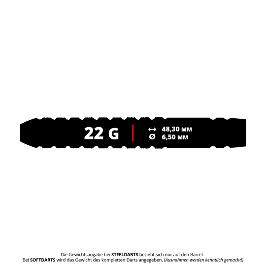 Das Bild zeigt die Red Dragon Gian Van Veen Tour Edition Steeldarts mit einem Gewicht von 22 Gramm. Die Darts haben eine Länge von 48,30 mm und einen Durchmesser von 6,50 mm.