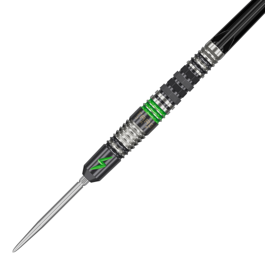 Target Japan Black Marque Lightning 3 SP steel darts Das Bild zeigt einen Target Japan Black Marque Lightning 3 SP Steeldart. Der Dartpfeil hat ein modernes Design mit schwarzen und silbernen Elementen sowie auffälligen grünen Akzenten.