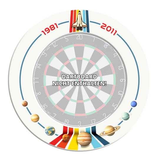 Das Bild zeigt den McDart Weltraum Shuttle Dartboard Surround. Es handelt sich um einen Schutzring für Dartboards.
