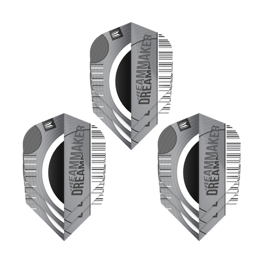 Target Pro Ultra Dimitri Van Den Bergh X Echo No6 Flights - 3 Sets Das Bild zeigt drei Sets von Target Pro Ultra Dimitri Van Den Bergh X Echo No6 Flights. Die Flights sind grau-schwarz gestaltet und tragen den Schriftzug "DREAMMAKER".