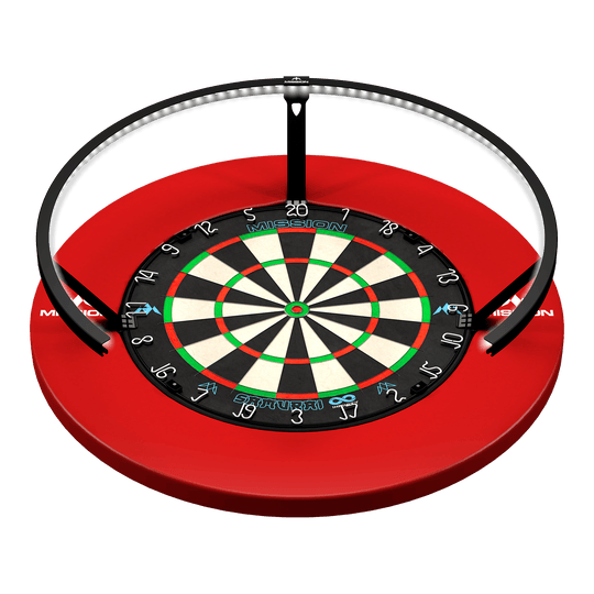 Abgebildet ist die Mission Torus 270 LED Dartboard Beleuchtung in Schwarz. Die Beleuchtung sorgt für optimale Ausleuchtung des Dartboards.