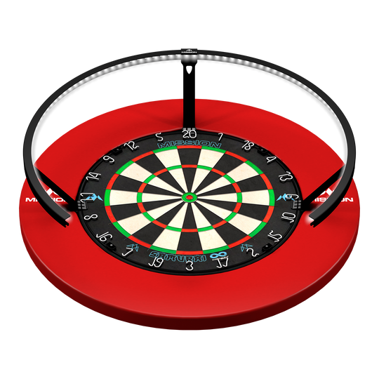 Mission Torus 270 LED Dartboard Lighting - Black Abgebildet ist die Mission Torus 270 LED Dartboard Beleuchtung in Schwarz. Die Beleuchtung sorgt für optimale Ausleuchtung des Dartboards.