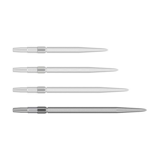 Target Swiss Point Nano Dart Tips - Silver Auf dem Bild sind vier silberne Dartspitzen in einer Reihe zu sehen. Sie sind spitz zulaufend und haben eine feine Riffelung am oberen Ende.
