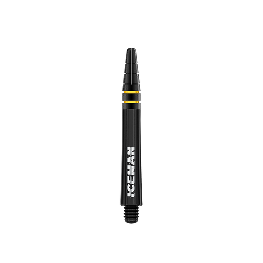 Das Bild zeigt einen schwarzen Dart-Schaft mit der Aufschrift „ICEMAN“. Der Schaft ist 39 mm lang und hat goldene Ringe nahe dem oberen Ende.