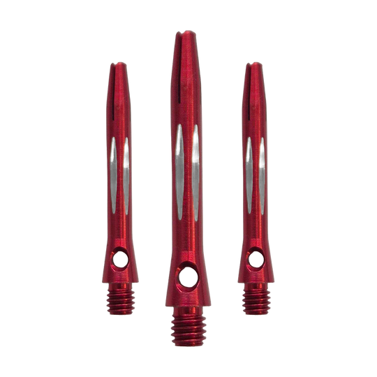 Hier sieht man den Diamond Cut Aluminium Shafts - Rot - 35mm als Set. Es sind mehrere rote Aluminium-Dartschäfte mit Diamantschliff im Set enthalten.
