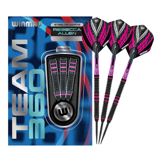 Diese Grafik zeigt die Winmau Team 360 Rebecca Allen Steeldarts - 24g in ihrer vollen Länge. Sie sind für ambitionierte Dartspielerinnen und Dartspieler geeignet.