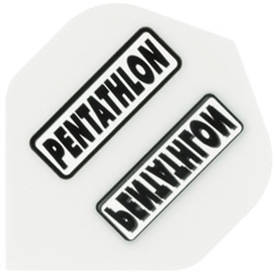 p13 Das Bild zeigt ein Dartflight mit der Aufschrift "PENTATHLON" in schwarzen Buchstaben auf weißem Hintergrund. Das Wort erscheint zweimal, jeweils in einem schwarzen Rahmen.