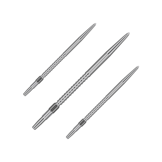 Target Swiss Firepoint Silver dart tips Auf dem Bild sind drei silberne Dartspitzen abgebildet. Sie liegen parallel zueinander auf einem transparenten Hintergrund.