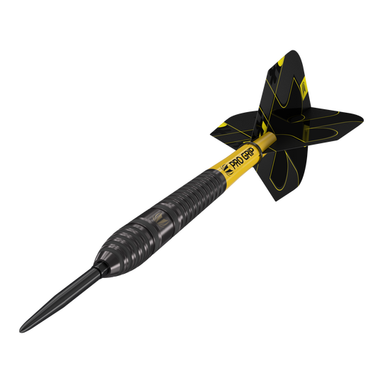 Target Bolide Void 03 Swiss Point steel darts Das Bild zeigt einen Target Bolide Void 03 Swiss Point Steeldart. Der Dart ist schwarz mit gelben Akzenten und hat den Schriftzug "Pro Grip" auf dem Schaft.