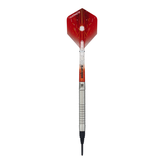 Unicorn Core XL Striker Style 1 Soft Darts - 19g Auf dem Bild ist ein Softdart der Marke Unicorn Core XL Striker Style 1 mit einem Gewicht von 19g zu sehen. Die Flights sind rot mit einem weißen Muster, und der Schaft ist silbern.