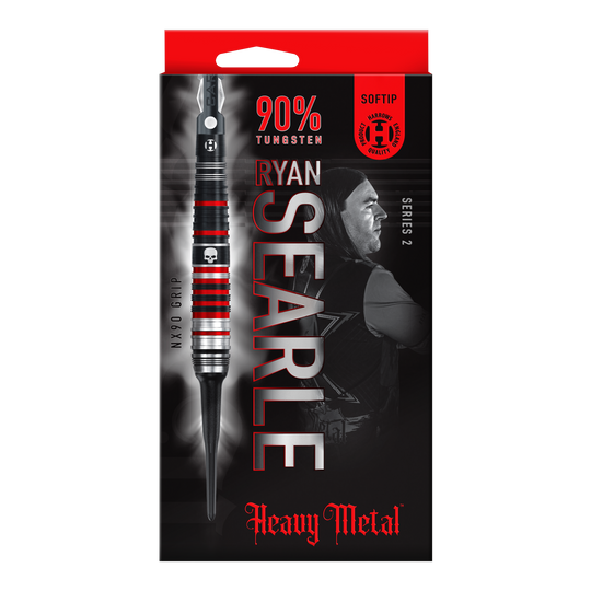 Harrow's Ryan Searle Heavy Metal Series 2 soft darts Auf dem Bild ist die Verpackung der "Harrows Ryan Searle Heavy Metal Series 2 Softdarts" zu sehen. Die Packung ist überwiegend schwarz mit roten Akzenten und zeigt einen Dartpfeil sowie das Bild eines Spielers.