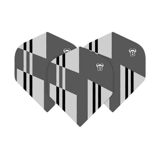 Das Bild zeigt drei Dart-Flights des Produkts „Bulls B-Star Tac No2 Standard Flights“. Die Flights sind in Grau-, Schwarz- und Weißtönen mit geometrischem Muster gestaltet.