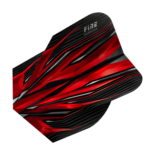 HR1_Harrows_Fire_Red_Standard_Flights_2 Das Bild zeigt das Produkt "Harrows Fire Red Standard Flights". Das Design ist überwiegend rot und schwarz mit dynamischen, scharfen Linien.