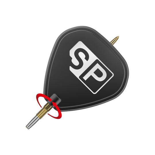 Target Swiss Point Nano Dartspitzen - Black Das Bild zeigt die Target Swiss Point GRD Gold Dartspitzen. Die Spitzen sind goldfarben und an einem schwarzen Flight mit „SP“-Logo befestigt.