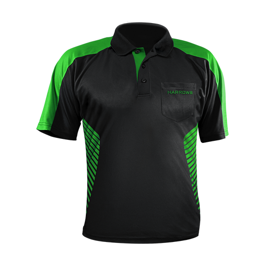 17492-Harrows-Vivid-Dartshirt-Black-Green-1 Harrows Vivid Dartshirt Black/Farbig ist aufgelegt. Das Shirt zeigt ein modernes Design.