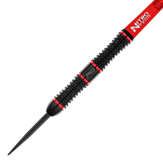 Red Dragon Jason Watt Steel Darts - 22g Das Bild zeigt den "Red Dragon Jason Watt Steeldart" mit einem Gewicht von 22 Gramm. Der Dart ist überwiegend schwarz mit roten Akzenten und hat eine geriffelte Griffoberfläche.