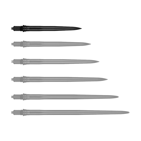 Das Bild zeigt schwarze Dartspitzen mit glatter Oberfläche, vermutlich 28 mm lang. Die Datei trägt den Namen EVO181_Caliburn_EZ-EVO_Dartspitzen_Smooth_Schwarz_28mm_1.
