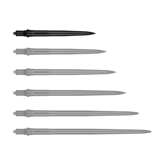 Caliburn EZ-EVO Dart Tips - Smooth - Black Das Bild zeigt schwarze Dartspitzen mit glatter Oberfläche, vermutlich 28 mm lang. Die Datei trägt den Namen EVO181_Caliburn_EZ-EVO_Dartspitzen_Smooth_Schwarz_28mm_1.