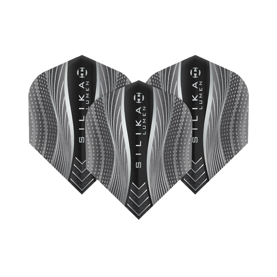 HF5127_Harrows_Silika_Lumen_Black_No6_Flights_1 Das Bild zeigt drei schwarze Dart-Flights mit dem Namen "Harrows Silika Lumen Black No6". Die Flights haben ein modernes, grafisches Muster mit wellenförmigen Linien und Punkten.