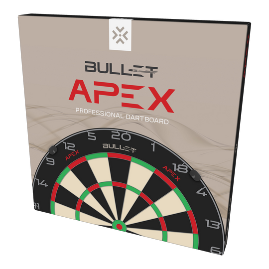 Bullet Apex steel dartboard Abgebildet ist das Bullet Apex Steeldartboard. Das Produkt wird aus einer anderen Perspektive gezeigt.