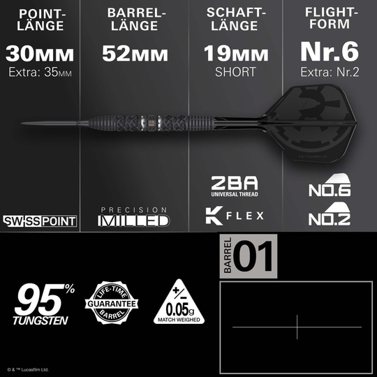 Target Star Wars Darth Vader 95 Swiss Point Steel Darts Die Target Star Wars Darth Vader 95 Swiss Point Steeldarts sind auf diesem Bild zu sehen. Sie zeigen ein Dart-Set inspiriert von Darth Vader aus Star Wars.