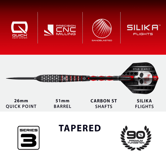 Gezeigt werden die Harrows Ryan Searle Series 3 Quick Point Steeldarts. Diese Steeldarts bieten eine präzise Wurftechnik.