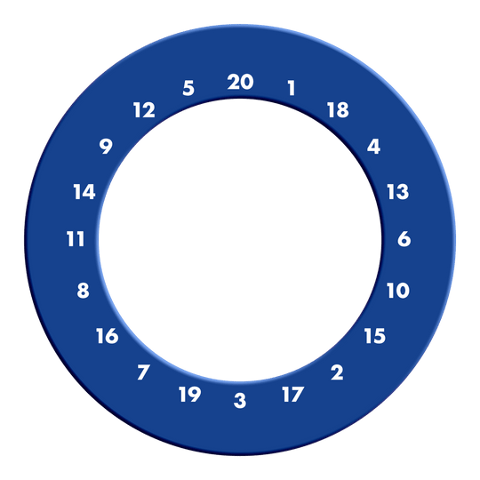 Ein rundes Dartboard-Surround kann ohne Logo und Zahlen in Blau gesehen werden. Das Bild zeigt das Produkt von vorne.