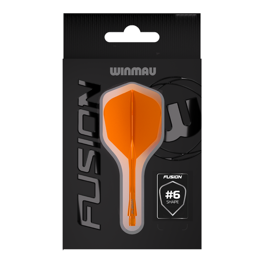 Das Bild zeigt das Winmau Fusion Flight-Shaft-System No6 in Neon Orange. Dieses System verbindet Flight und Shaft zu einer stabilen Einheit für Dartpfeile.