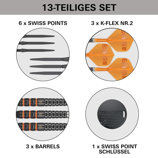 Target Raymond Van Barneveld 95K Swiss Points Steel Darts Dieses Bild zeigt die Target Raymond Van Barneveld 95K Swiss Points Steeldarts. Sie sind speziell für anspruchsvolle Dartspieler entwickelt.