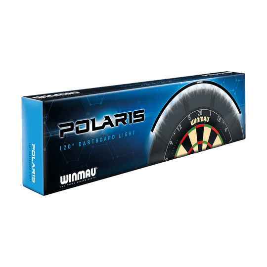 8412_Winmau_Polaris_120_LED_Dartboard_Light_5 Die Abbildung zeigt die Verpackung des "Winmau Polaris 120° LED Dartboard Light". Auf der Verpackung ist ein teilweise beleuchtetes Dartboard zu sehen sowie der Produktname und das Winmau-Logo.