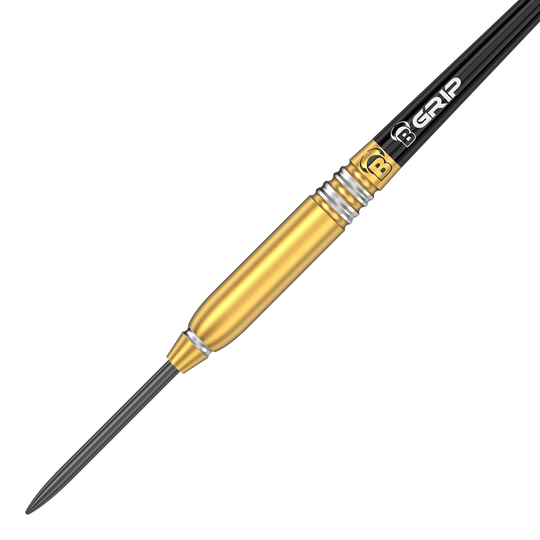 Bulls Patrick Geeraets Steeldarts - 23g Das Bild zeigt einen Bulls Patrick Geeraets Steeldart mit einem Gewicht von 23 Gramm. Der Dart hat einen goldfarbenen Barrel und einen schwarzen Schaft mit der Aufschrift "GRIP".