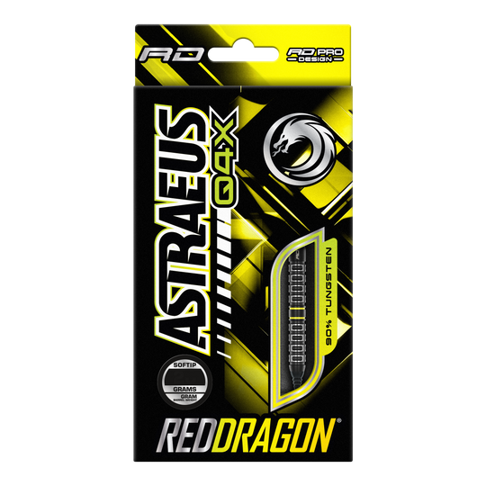 Die Verpackung zeigt die Softdarts "Red Dragon Astraeus Q4X Parallel" mit einem Gewicht von 20 Gramm. Das Design ist hauptsächlich in Schwarz und Gelb gehalten und hebt hervor, dass die Darts zu 90% aus Tungsten bestehen.