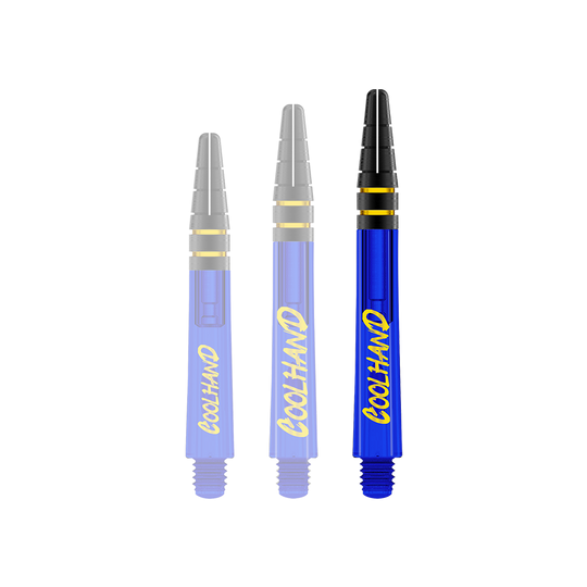 Red Dragon Nitrotech Luke Humphries Coolhand Shafts - Blue Das Bild zeigt drei blaue Dartschäfte mit der gelben Aufschrift "COOLHAND". Die Spitzen der Schäfte sind schwarz mit goldenen Ringen verziert.