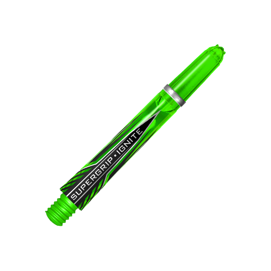 HR390_Harrows_Supergrip_Ignite_Shafts_Gr-n_40mm_2 Das Bild zeigt einen grünen Harrows Supergrip Ignite Shaft für Darts. Der Hintergrund ist in kräftigen Grüntönen gehalten und hebt das Produkt hervor.