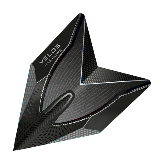 HR1014_Harrows_Smokey_2020_Velos_Flights_1 Dies ist ein Harrows Smokey Velos Flight für Darts. Das Flight hat ein modernes, schwarzes Design mit grafischen Mustern.