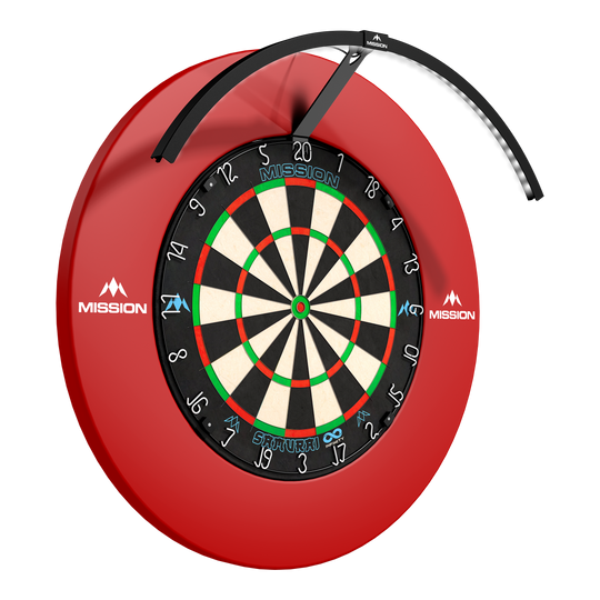 Mission Torus 120 LED Lighting System - Black Das Foto zeigt das Mission Torus 120 LED Beleuchtungssystem in schwarzer Farbe. Das Produkt ist für eine gleichmäßige Ausleuchtung des Dartboards konzipiert.