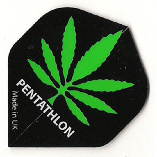 p37 Auf dem Bild ist ein Dartflight mit dem Namen „Pentathlon Flights P37“ zu sehen. Es ist schwarz und zeigt ein großes, grünes Blatt in der Mitte.