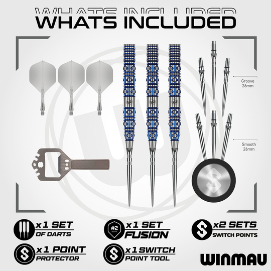 Hier sind Winmau Lunaris Tapered Switch Point Steeldarts abgebildet. Die Darts besitzen eine besondere Form für präzise Würfe.